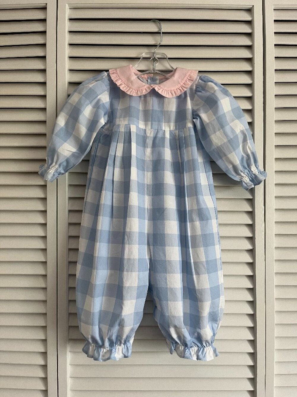 James & Lottie romper blue & white check with pink collar girl’s size 9 months